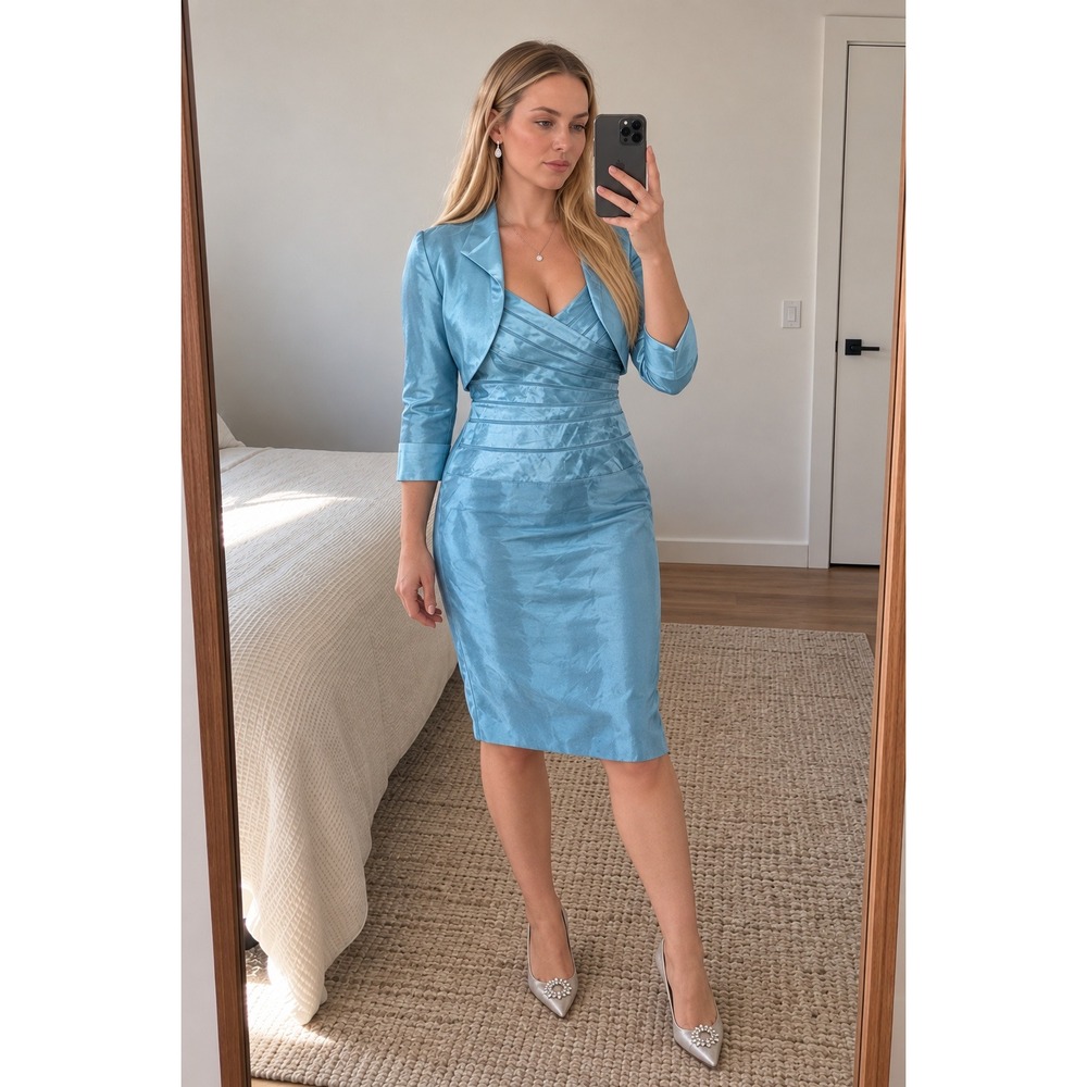 Adrianna Papell Silk Dress Set 12 Blue Pleated Sheath Bolero Formal Classic Chic
